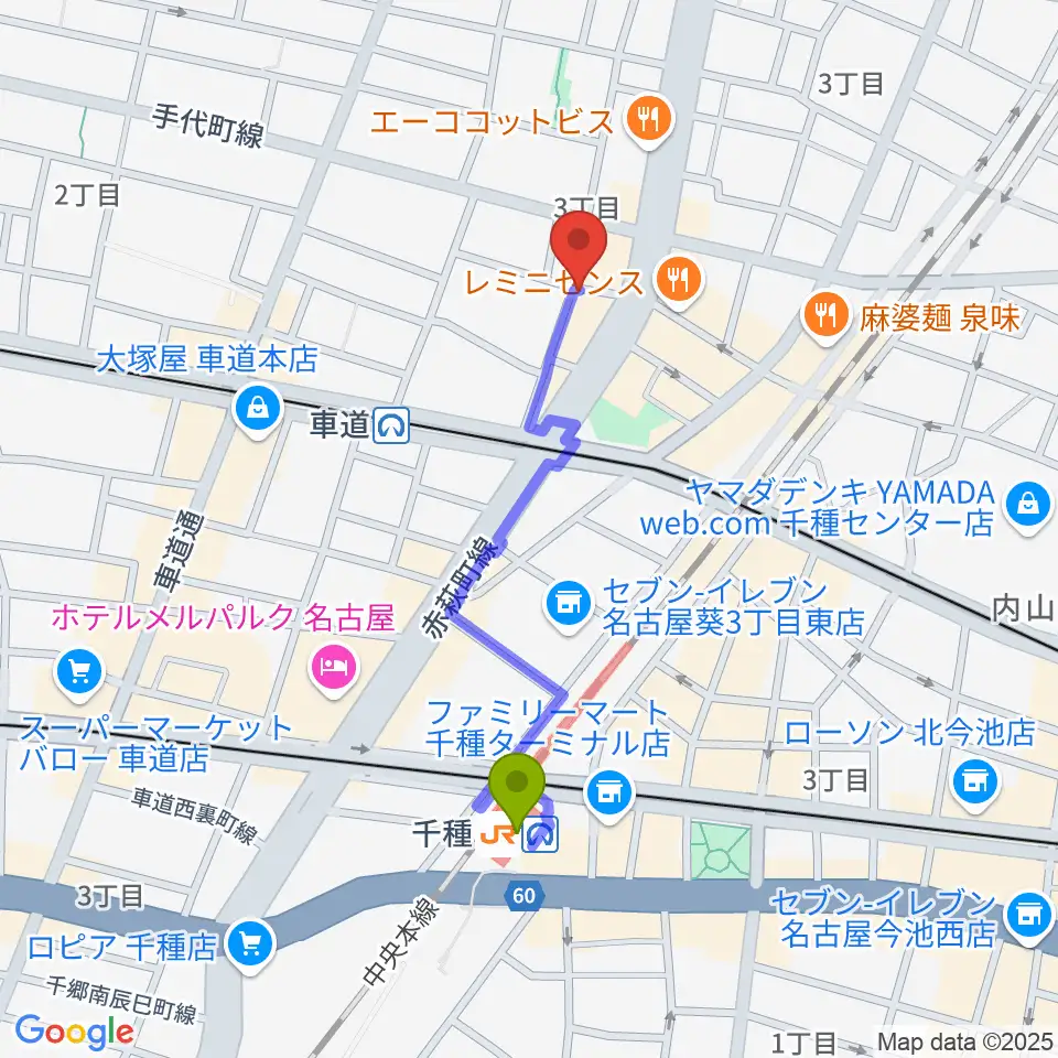 千種駅からChot BAR 馬車道へのルートマップ地図