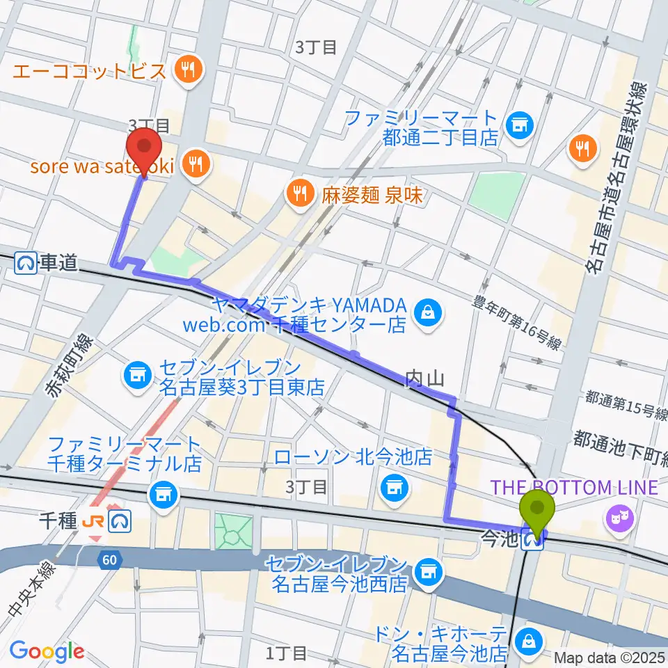 今池駅からChot BAR 馬車道へのルートマップ地図