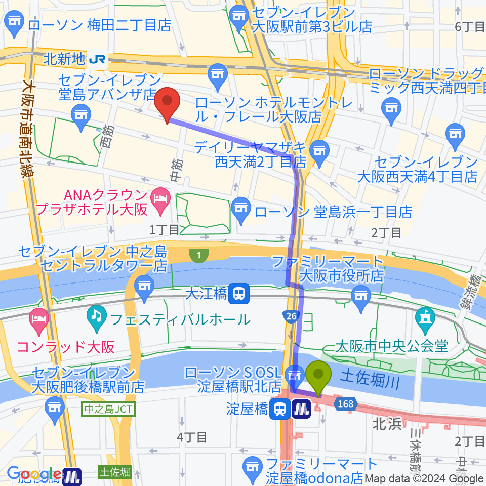 淀屋橋駅から北新地ジャズバー96 クロへのルートマップ地図