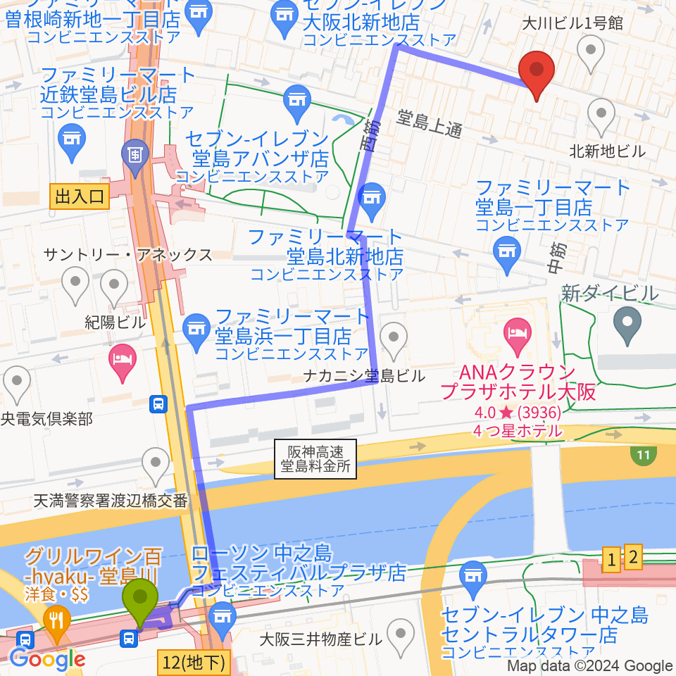北新地ジャズバー96 クロの最寄駅渡辺橋駅からの徒歩ルート（約8分）地図