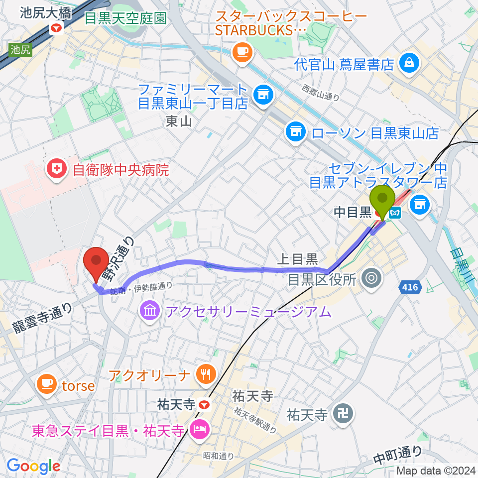 中目黒駅からYellow Studioへのルートマップ地図