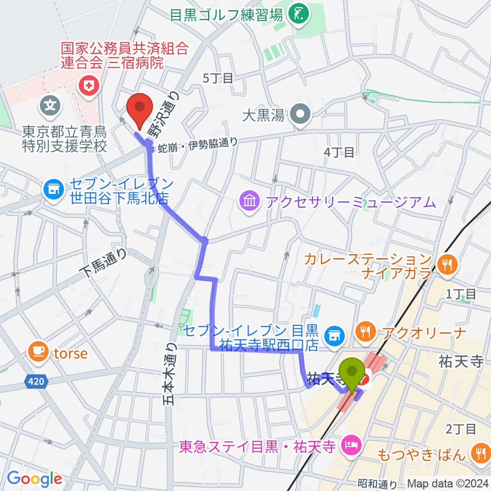 Yellow Studioの最寄駅祐天寺駅からの徒歩ルート（約11分）地図