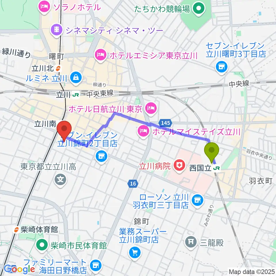 西国立駅から立川A.A COMPANYへのルートマップ地図