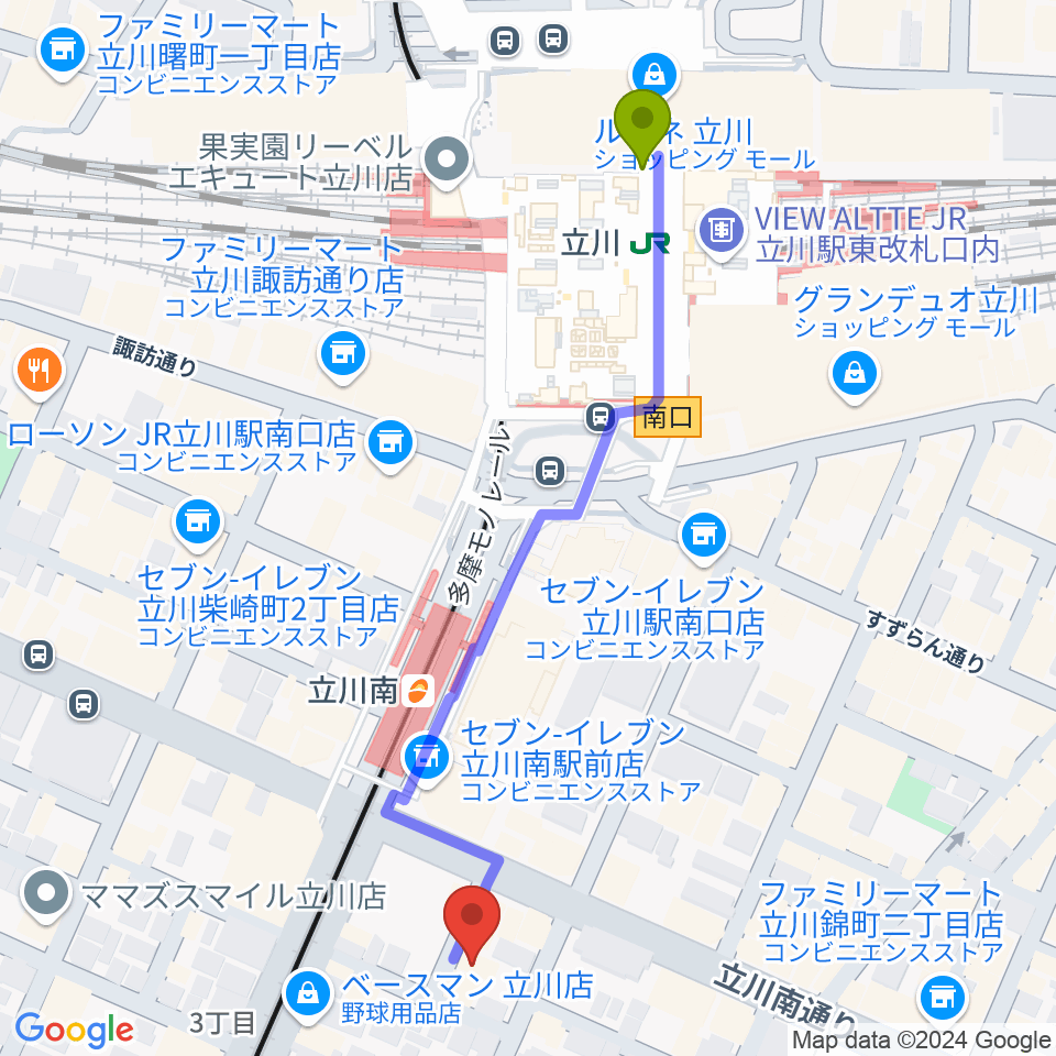 立川駅から立川AAC（A.A.カンパニー）へのルートマップ地図