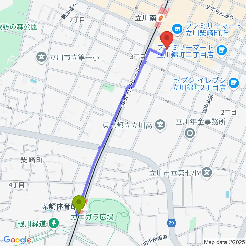 柴崎体育館駅から立川A.A COMPANYへのルートマップ地図