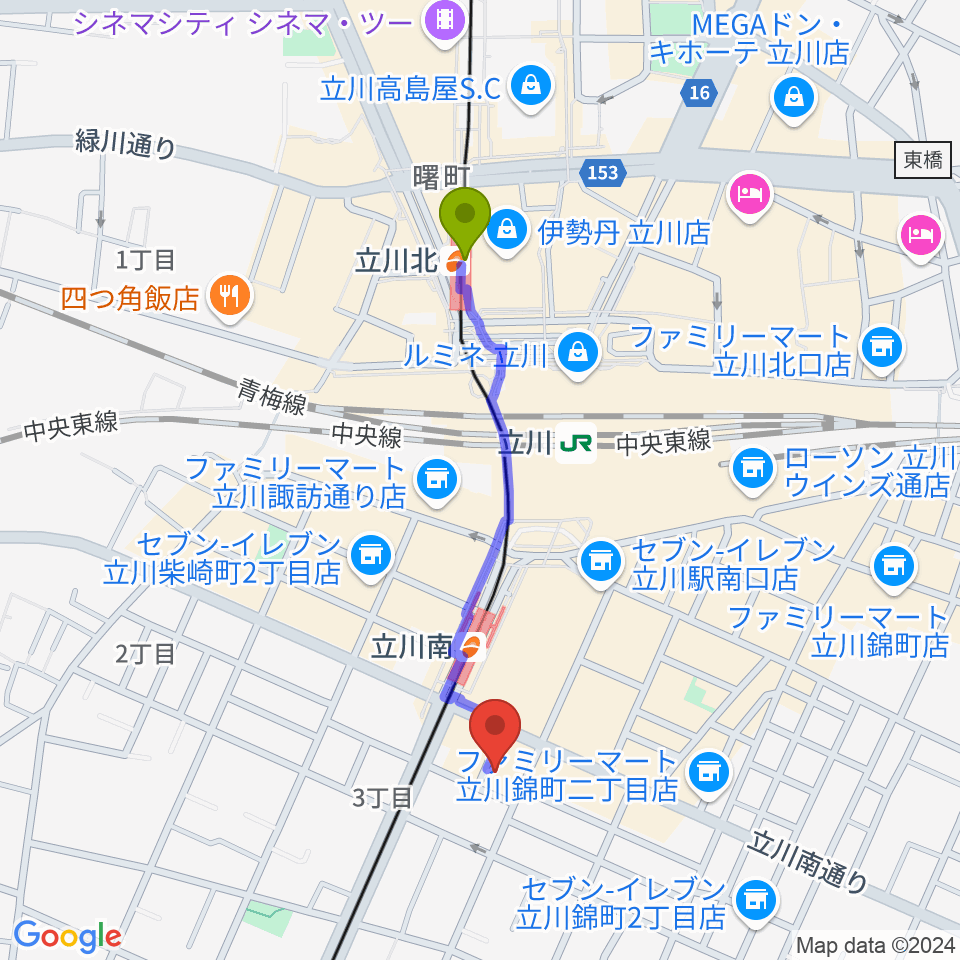 立川北駅から立川AAC（A.A.カンパニー）へのルートマップ地図