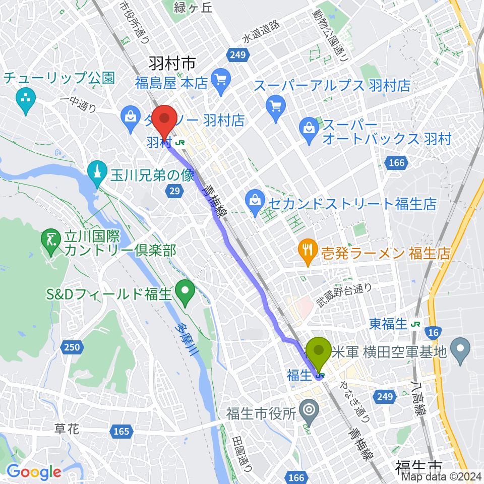 福生駅から羽村ボニー＆クライドへのルートマップ地図