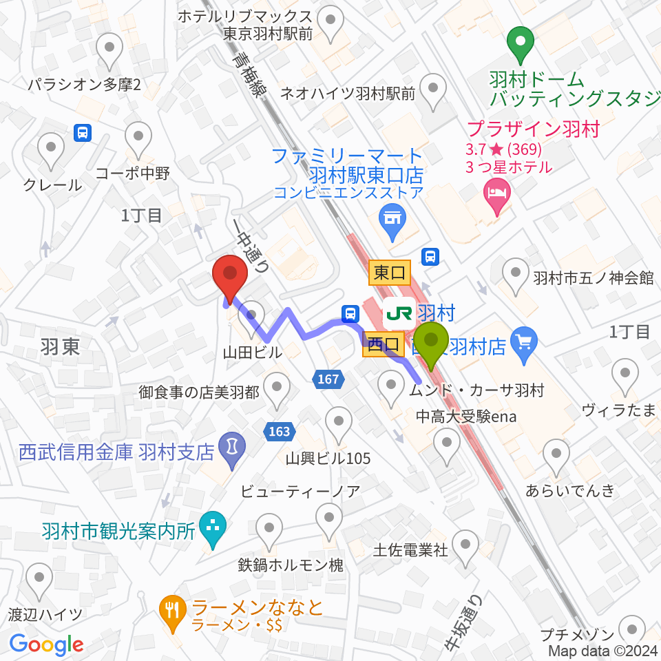羽村ボニー＆クライドの最寄駅羽村駅からの徒歩ルート（約2分）地図
