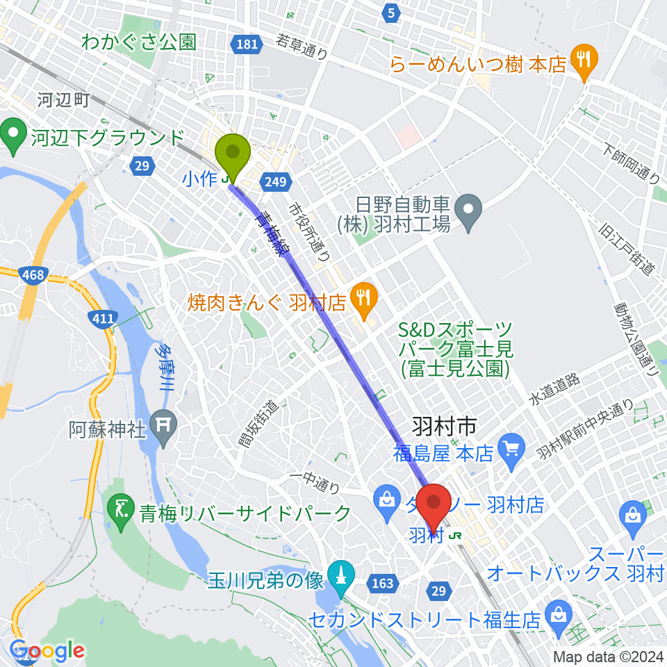 小作駅から羽村ボニー＆クライドへのルートマップ地図