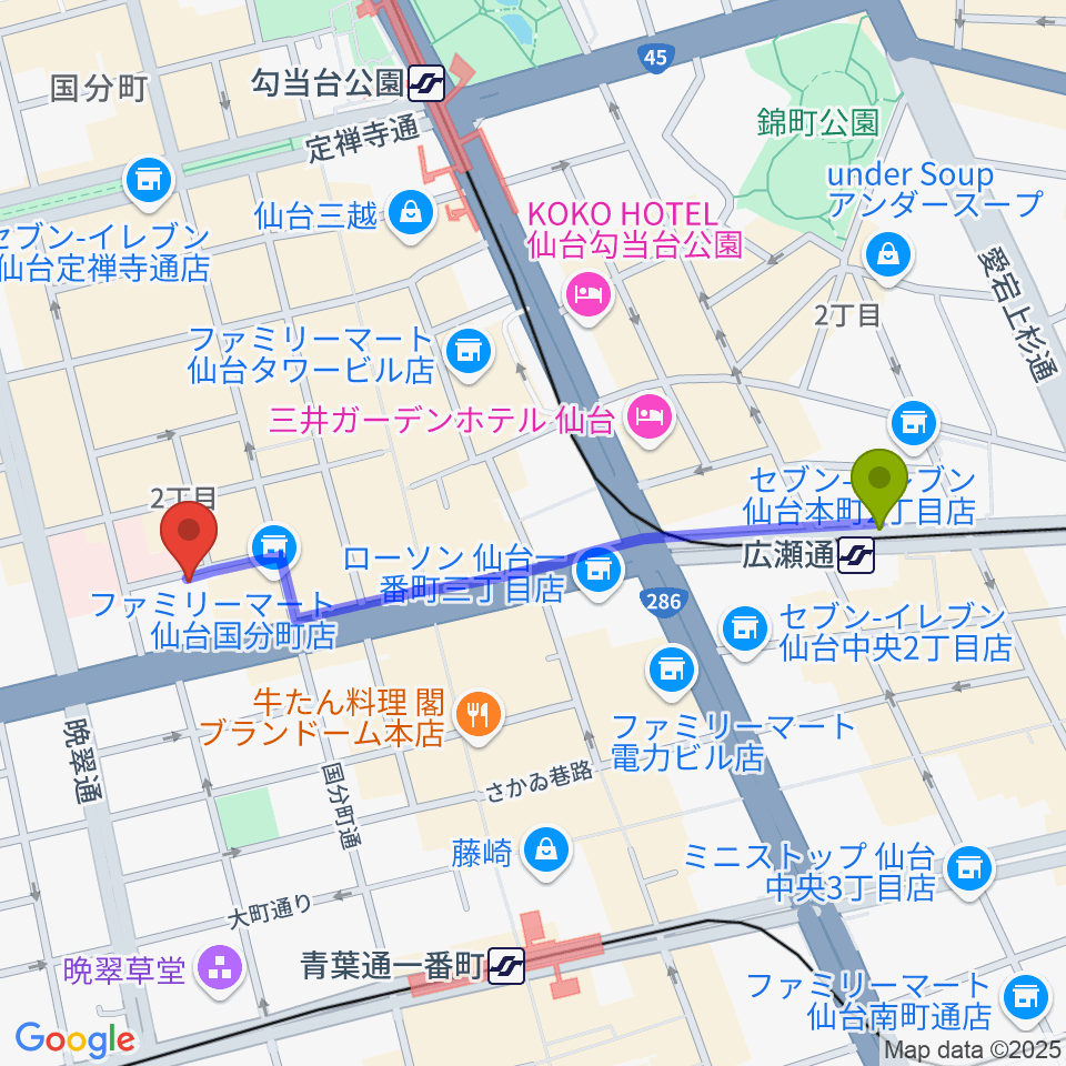 広瀬通駅から海風へのルートマップ地図