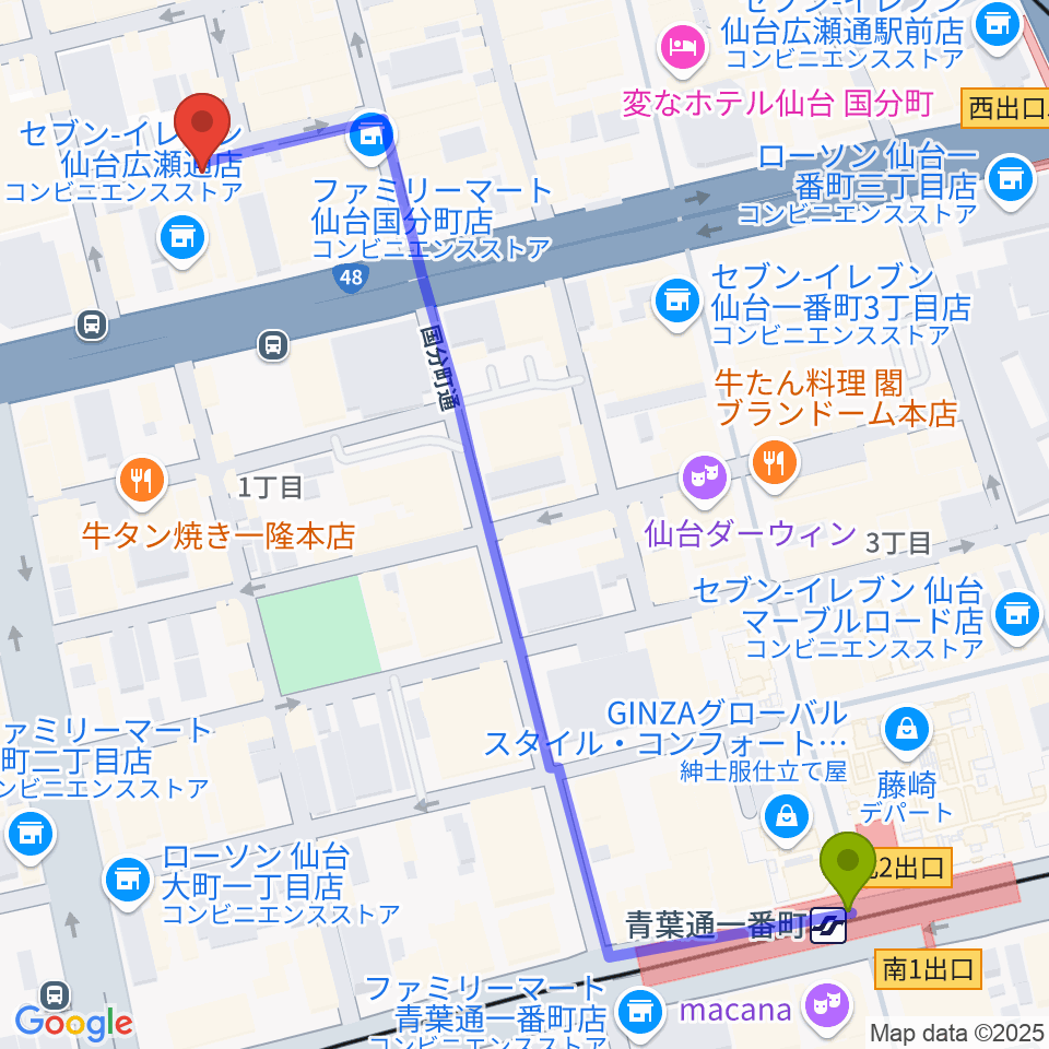 海風の最寄駅青葉通一番町駅からの徒歩ルート（約7分）地図