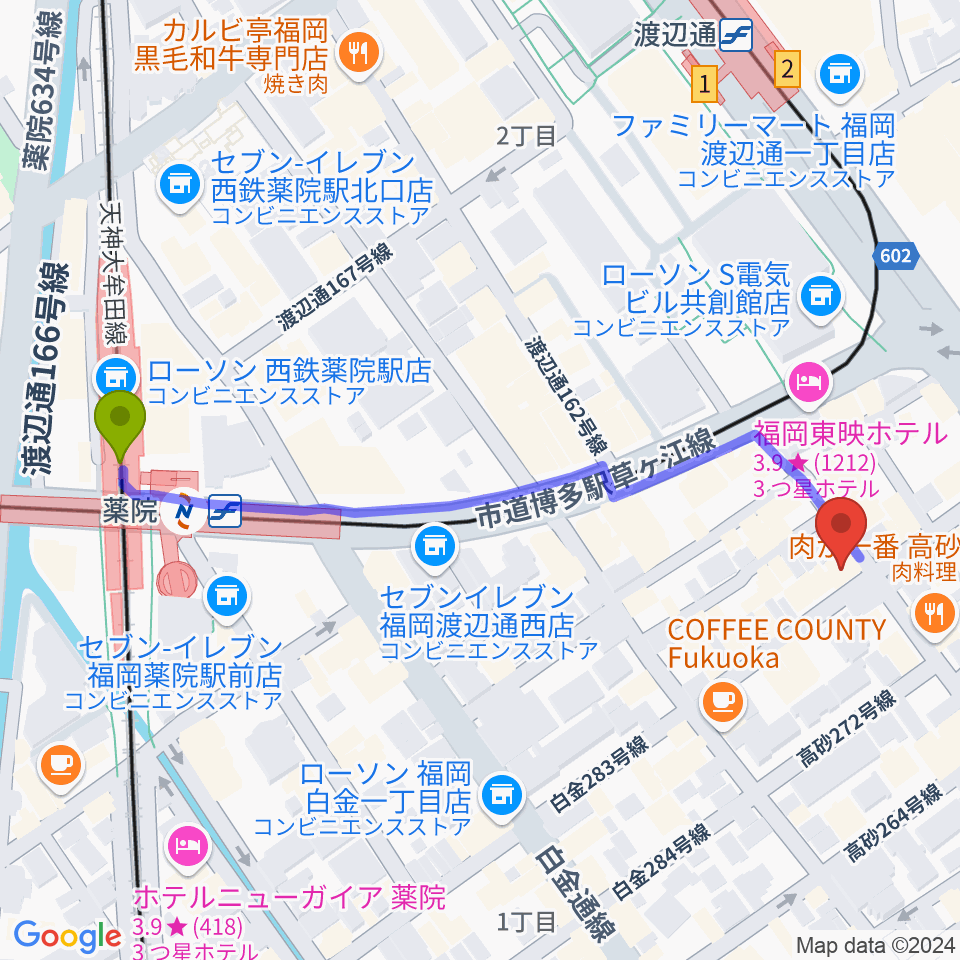 薬院駅から福岡 音故知新へのルートマップ地図