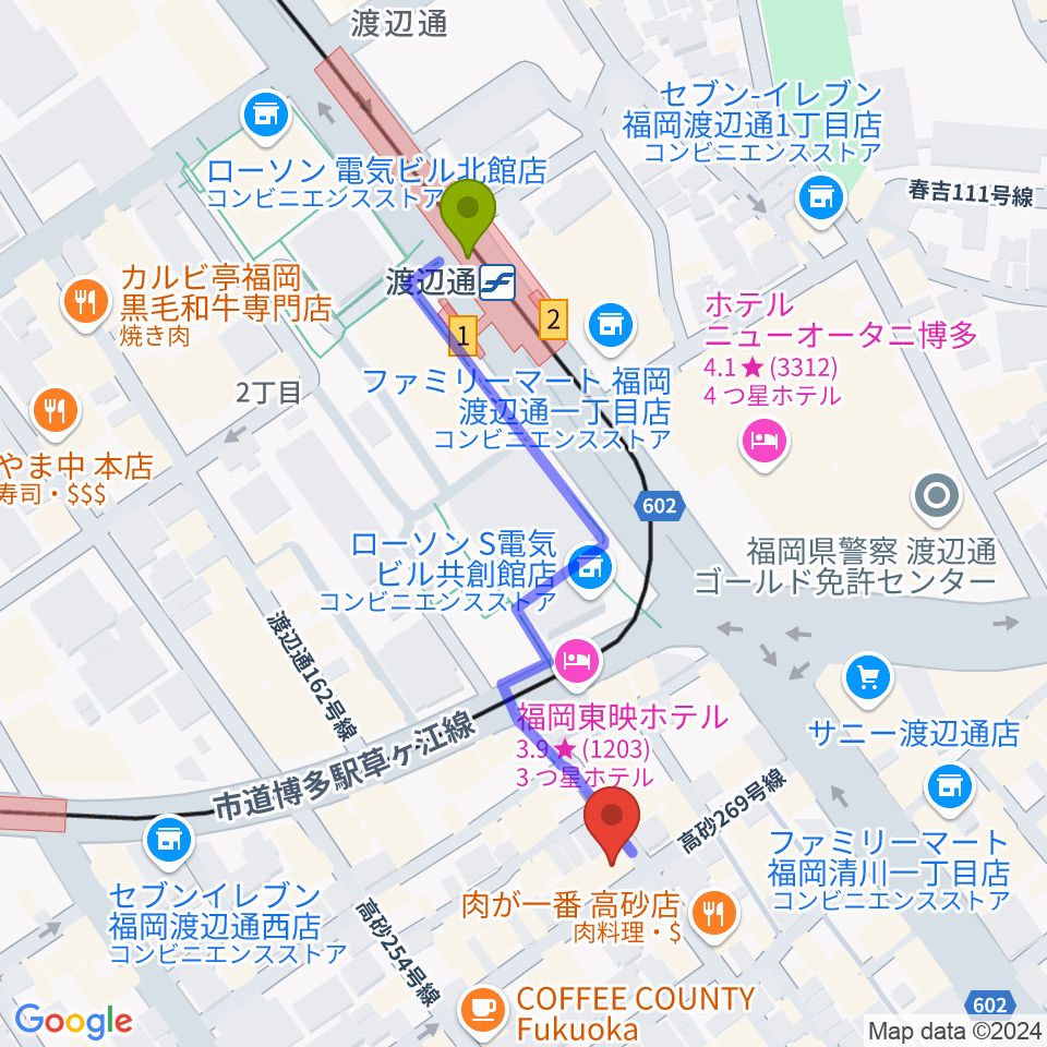 福岡 音故知新の最寄駅渡辺通駅からの徒歩ルート（約5分）地図