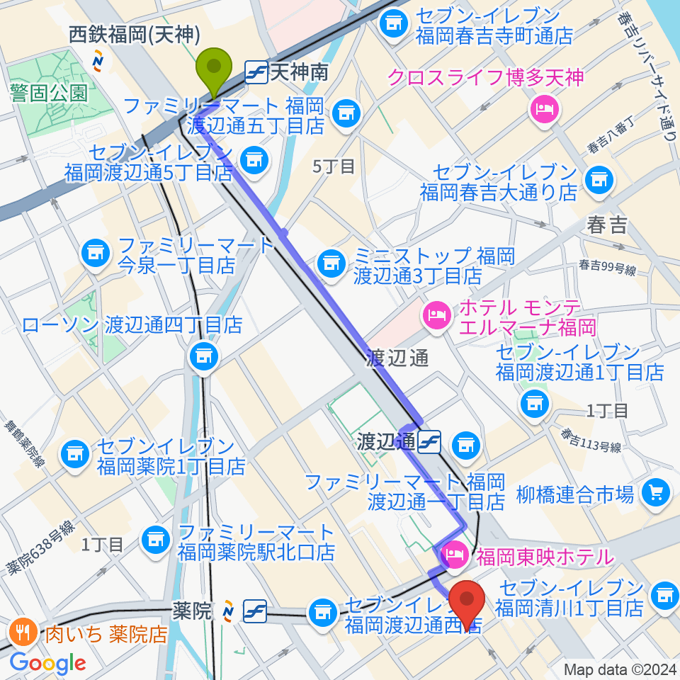 天神南駅から福岡 音故知新へのルートマップ地図