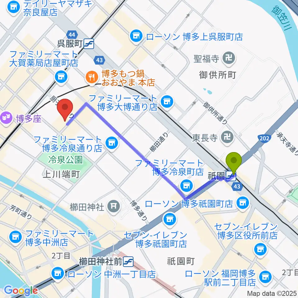 祇園駅から博多デジャヴへのルートマップ地図