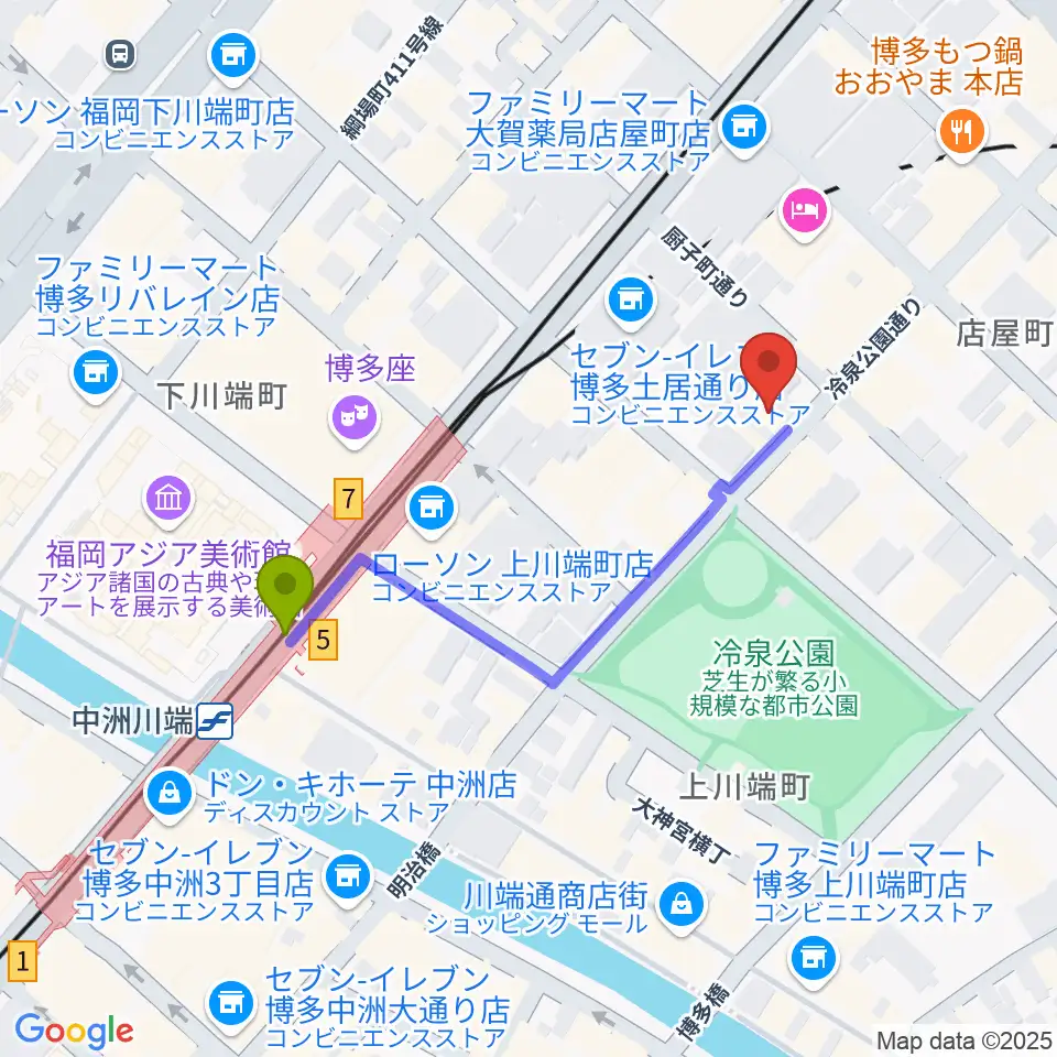 博多デジャヴの最寄駅中洲川端駅からの徒歩ルート（約4分）地図
