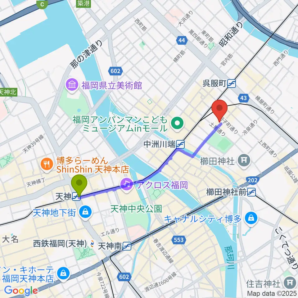 天神駅から博多デジャヴへのルートマップ地図