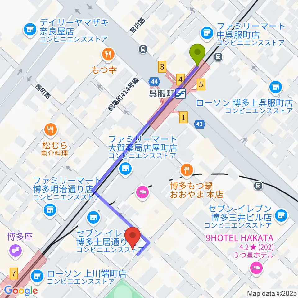 呉服町駅から博多デジャヴへのルートマップ地図