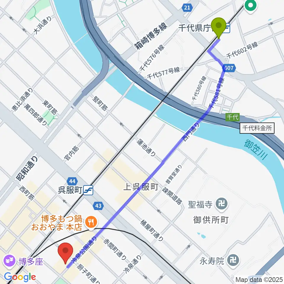 千代県庁口駅から博多デジャヴへのルートマップ地図
