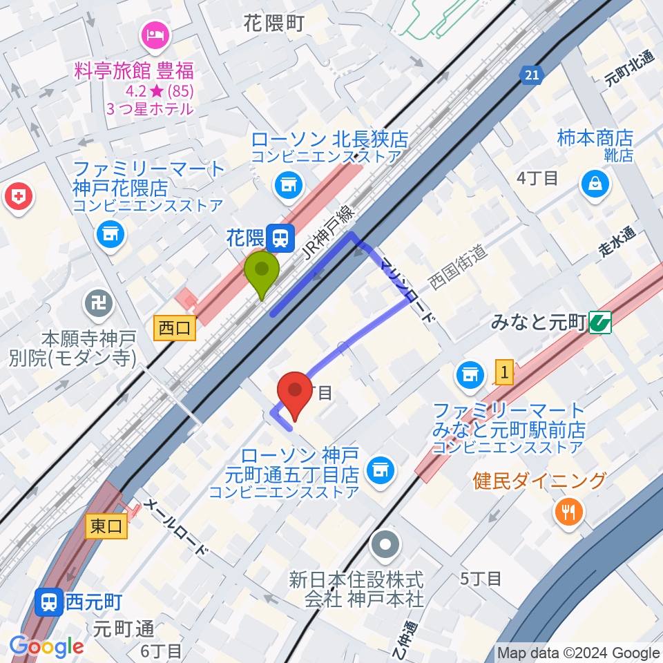 クラシックサロン・アマデウスの最寄駅花隈駅からの徒歩ルート（約1分）地図