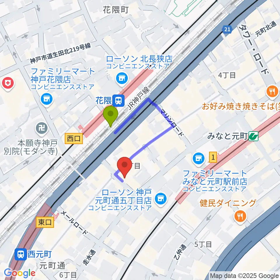 クラシックサロン・アマデウスの最寄駅花隈駅からの徒歩ルート（約1分）地図