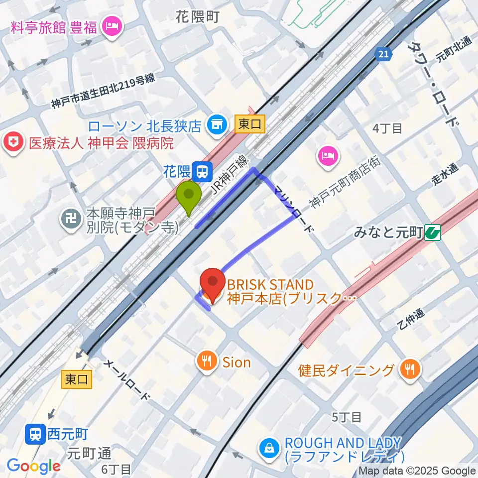 クラシックサロン・アマデウスの最寄駅花隈駅からの徒歩ルート（約1分）地図