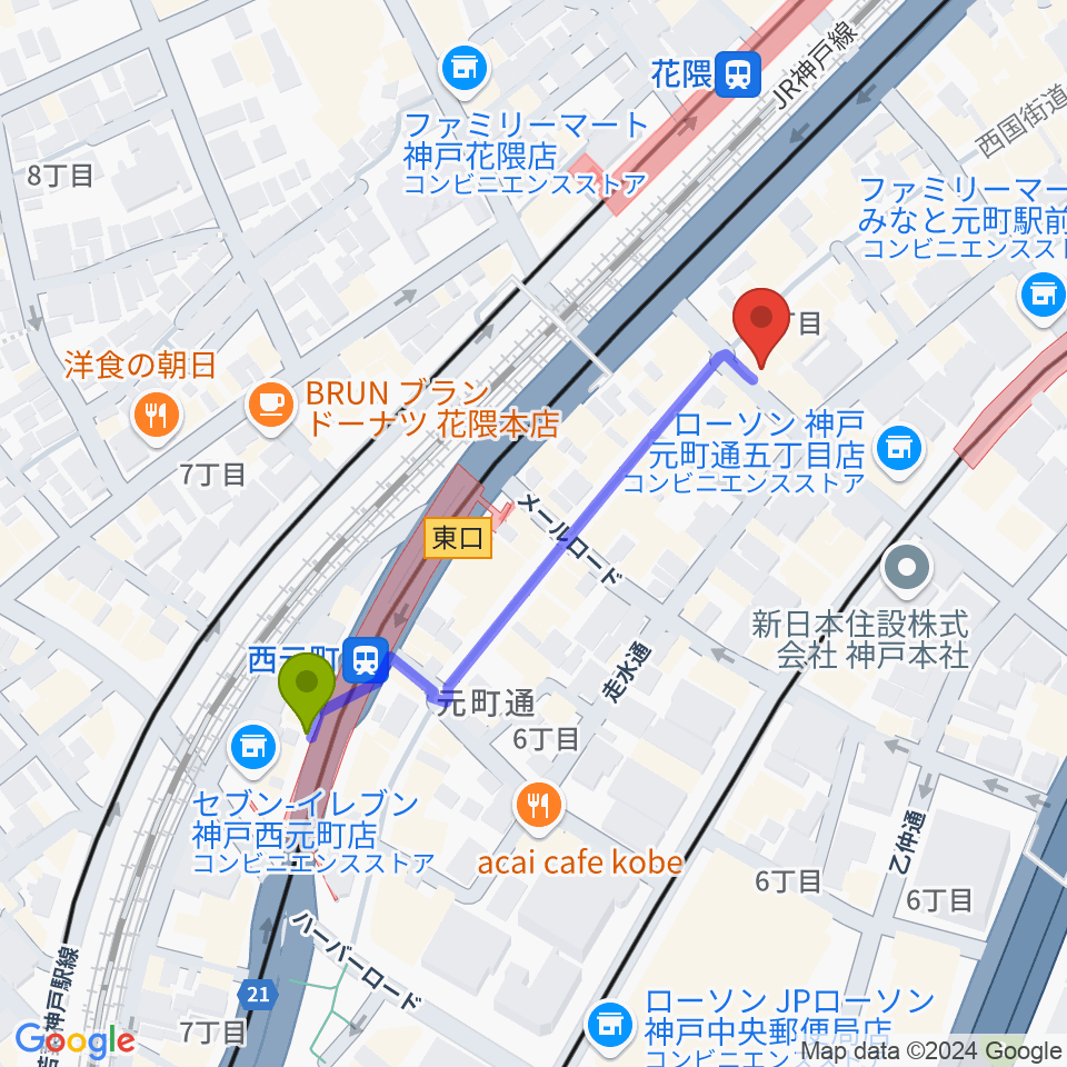 西元町駅からクラシックサロン・アマデウスへのルートマップ地図