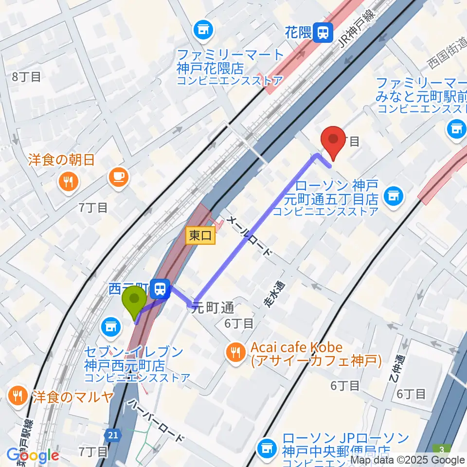 西元町駅からクラシックサロン・アマデウスへのルートマップ地図