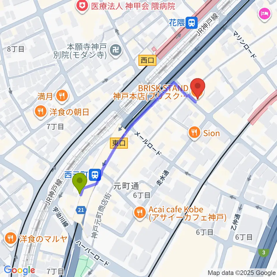 西元町駅からクラシックサロン・アマデウスへのルートマップ地図