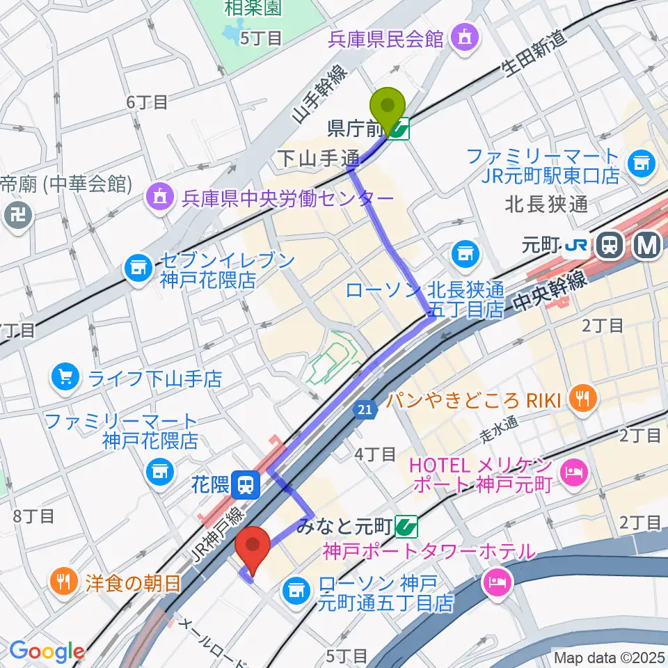 県庁前駅からクラシックサロン・アマデウスへのルートマップ地図