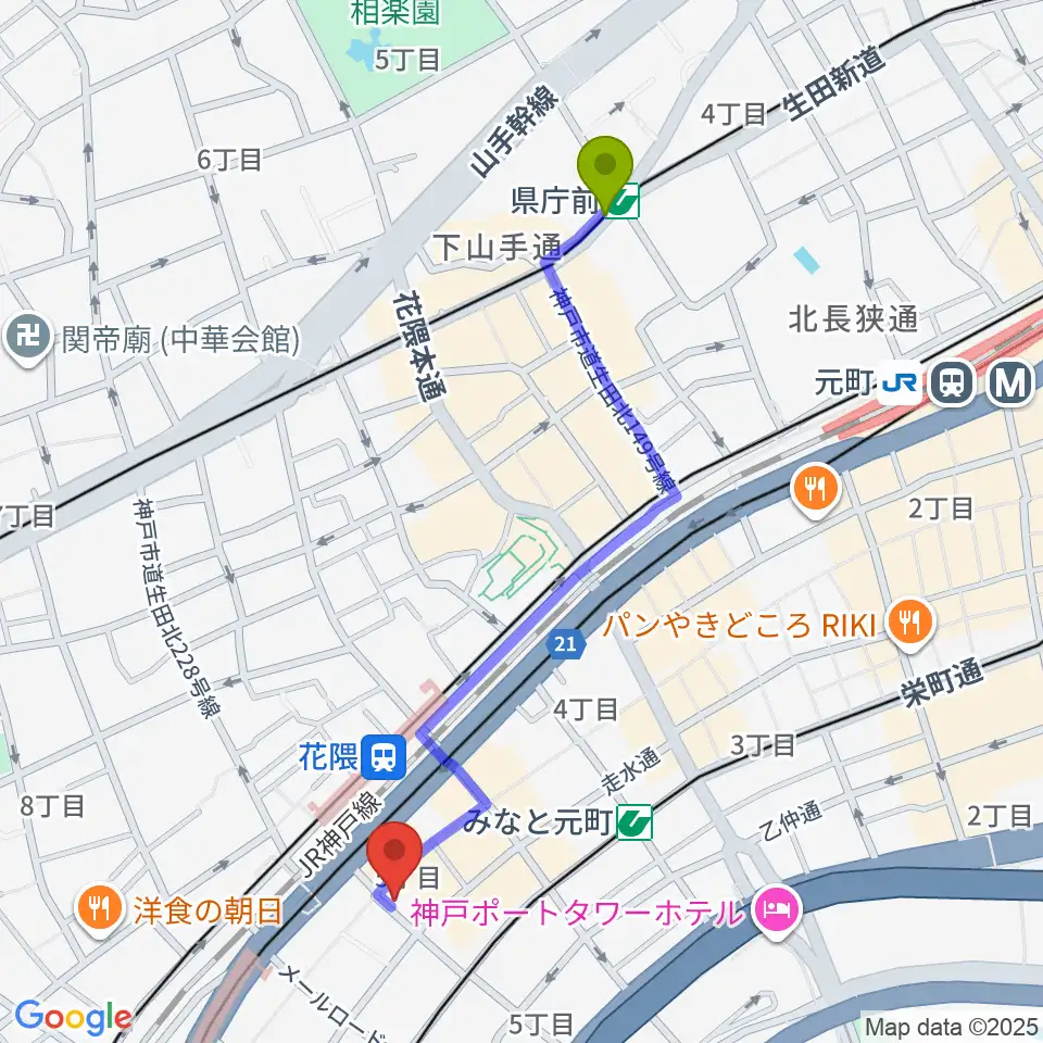 県庁前駅からクラシックサロン・アマデウスへのルートマップ地図