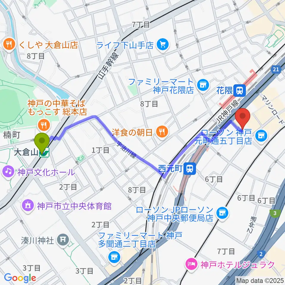 大倉山駅からクラシックサロン・アマデウスへのルートマップ地図
