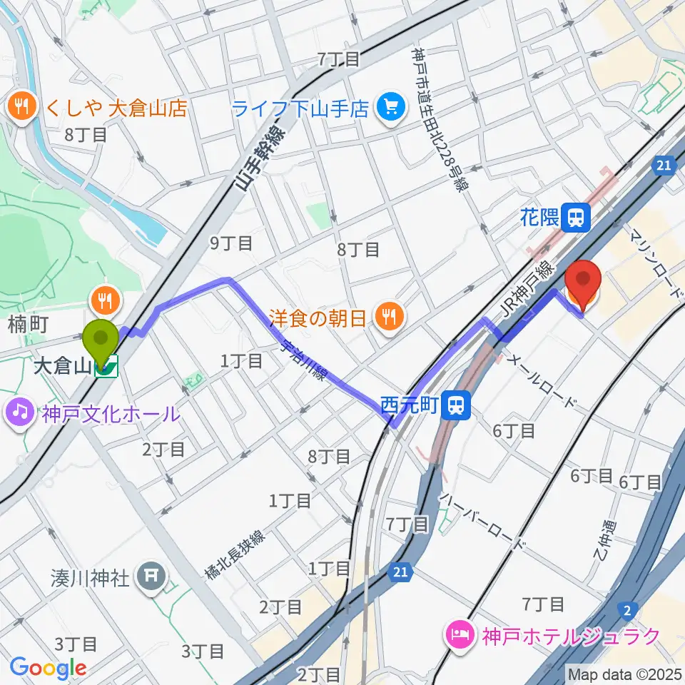 大倉山駅からクラシックサロン・アマデウスへのルートマップ地図