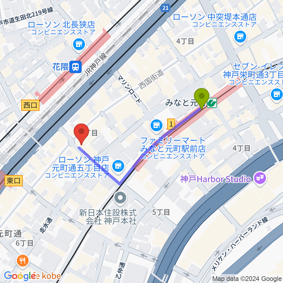 みなと元町駅からクラシックサロン・アマデウスへのルートマップ地図