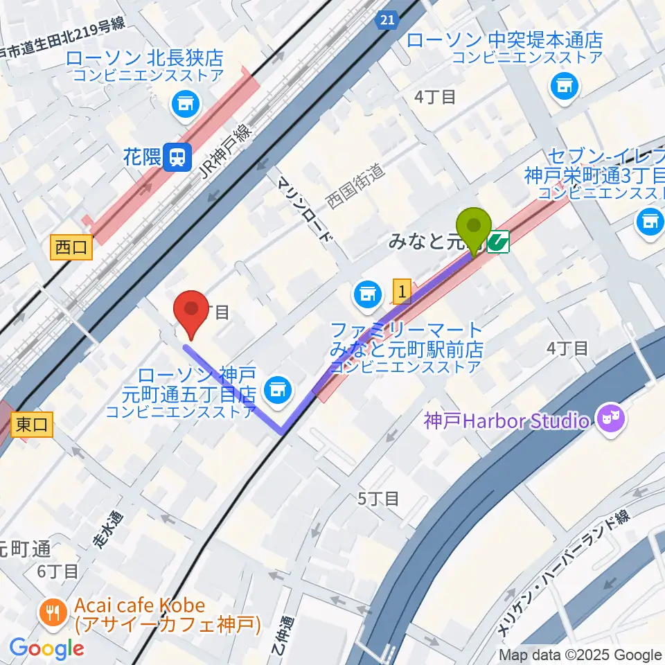 みなと元町駅からクラシックサロン・アマデウスへのルートマップ地図