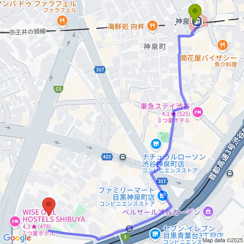 スタジオブラートの最寄駅神泉駅からの徒歩ルート（約8分）地図