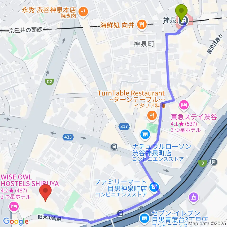 スタジオブラートの最寄駅神泉駅からの徒歩ルート（約8分）地図