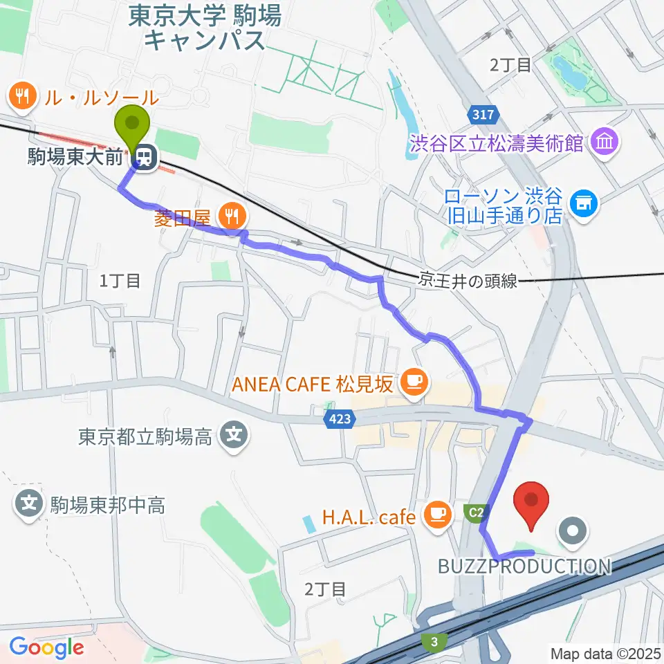 駒場東大前駅からスタジオブラートへのルートマップ地図