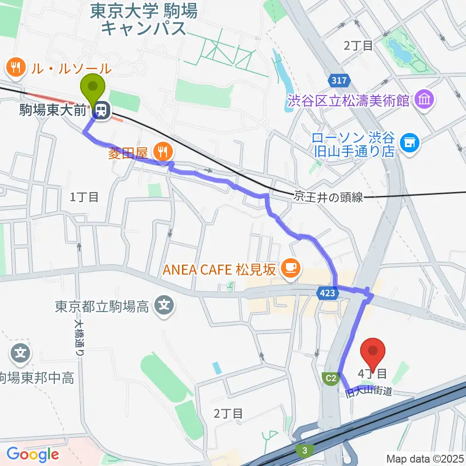 駒場東大前駅からスタジオブラートへのルートマップ地図