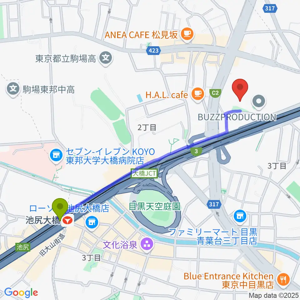 池尻大橋駅からスタジオブラートへのルートマップ地図