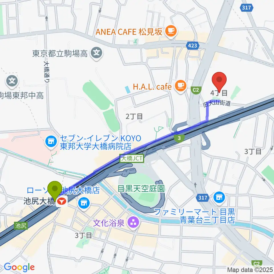 池尻大橋駅からスタジオブラートへのルートマップ地図