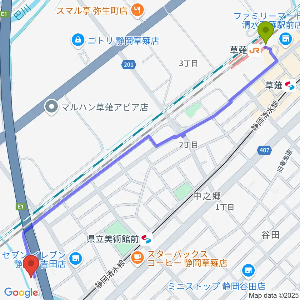 草薙駅からエムジーズへのルートマップ地図