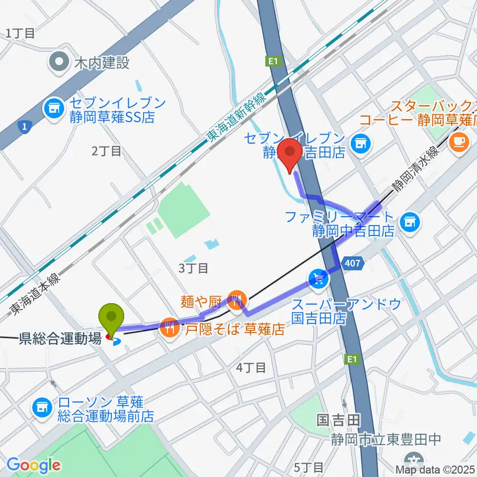 県総合運動場駅からエムジーズへのルートマップ地図