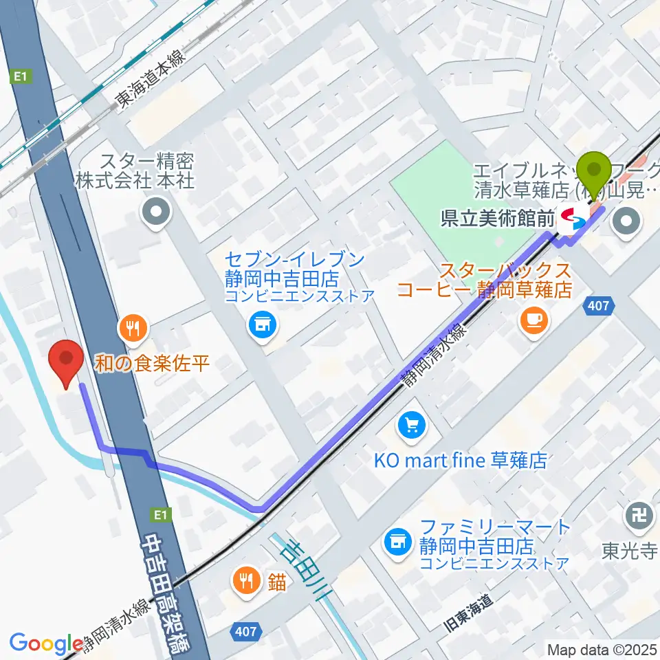 エムジーズの最寄駅県立美術館前駅からの徒歩ルート（約7分）地図