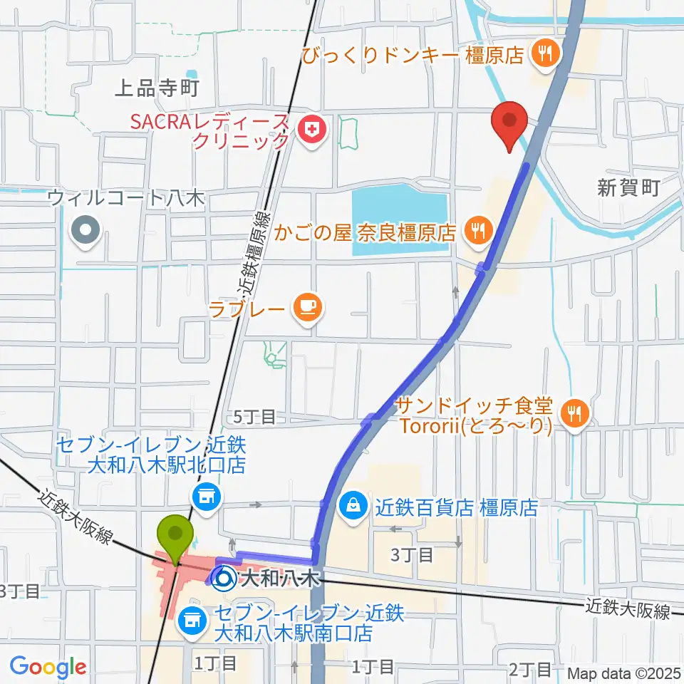 天理楽器 橿原本店・ホール音蔵の最寄駅大和八木駅からの徒歩ルート（約12分）地図