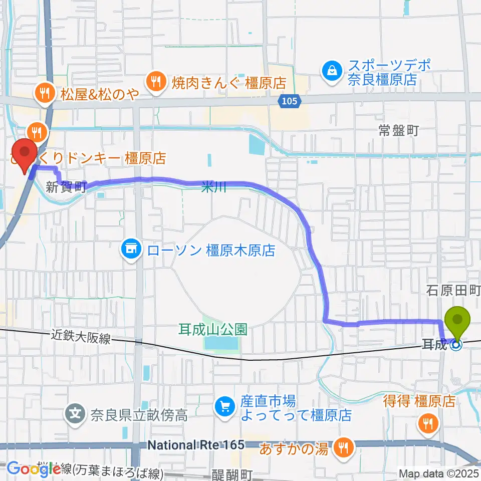 耳成駅から天理楽器 橿原本店・ホール音蔵へのルートマップ地図