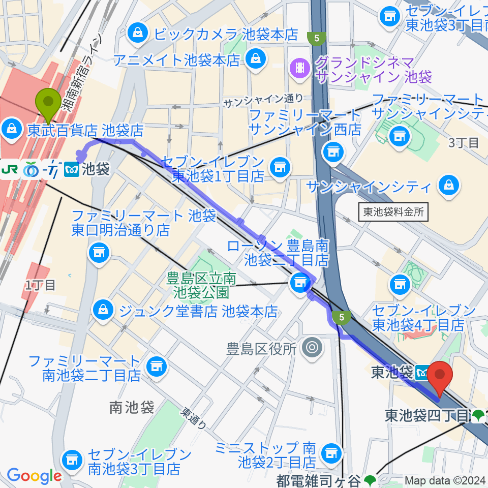 池袋駅から東池袋プレイヤーズへのルートマップ Mdata