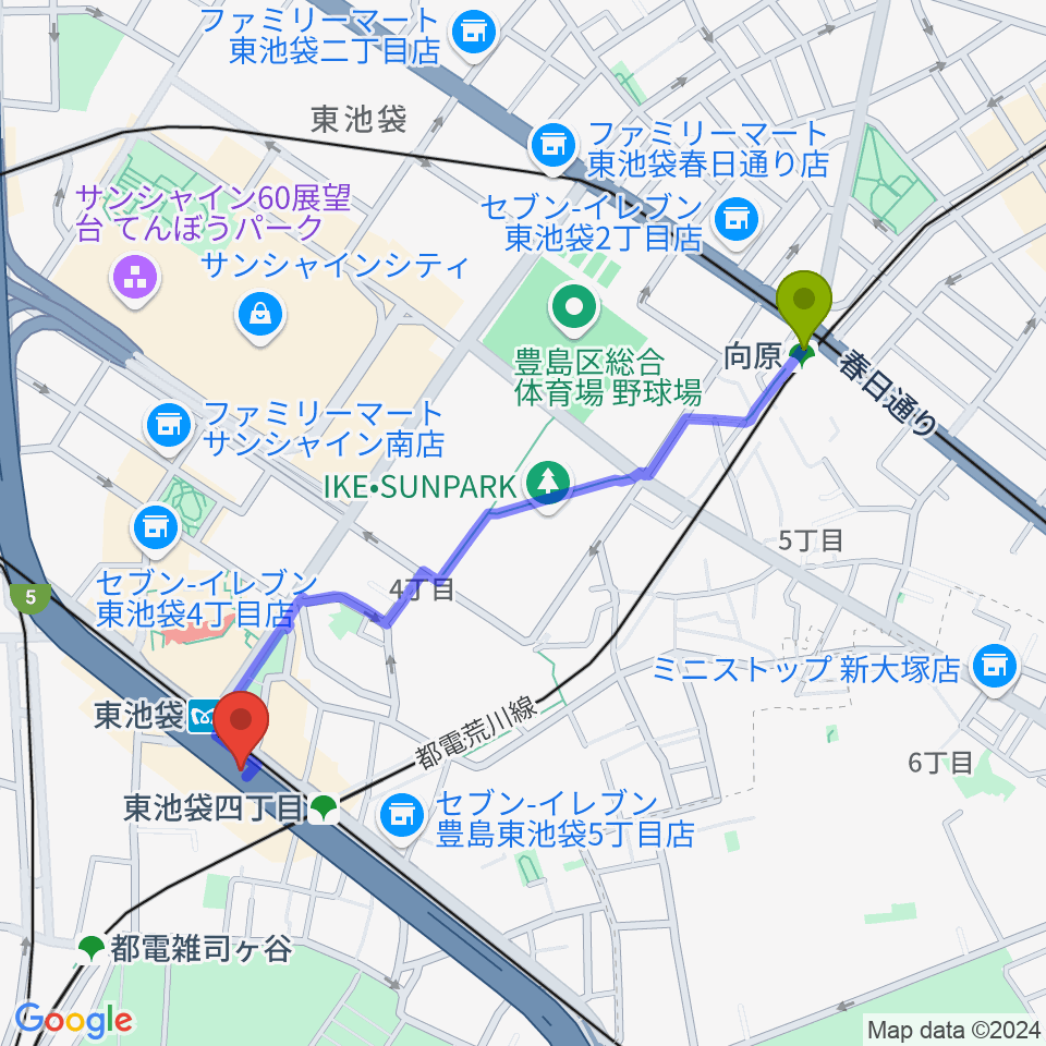 向原駅から東池袋プレイヤーズへのルートマップ地図