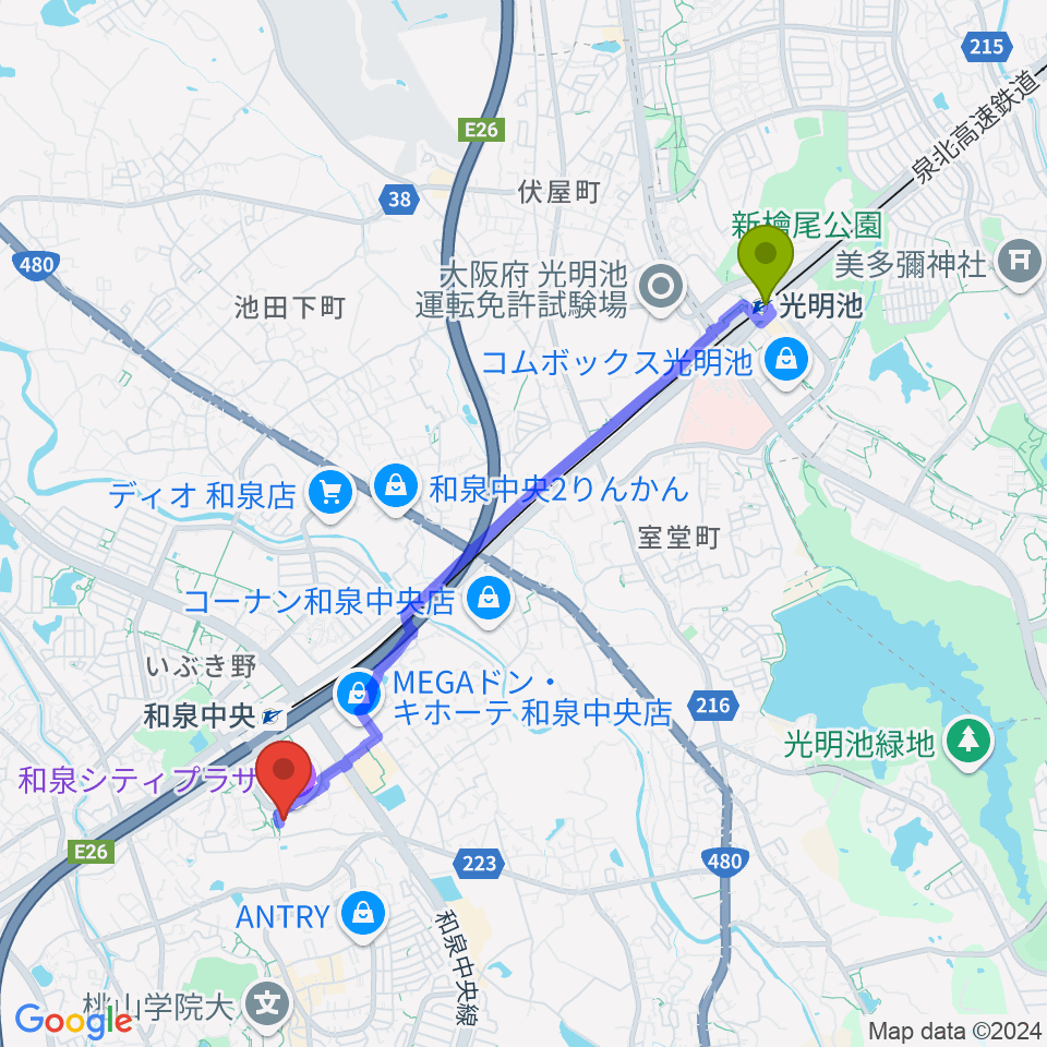 光明池駅から和泉シティプラザへのルートマップ地図