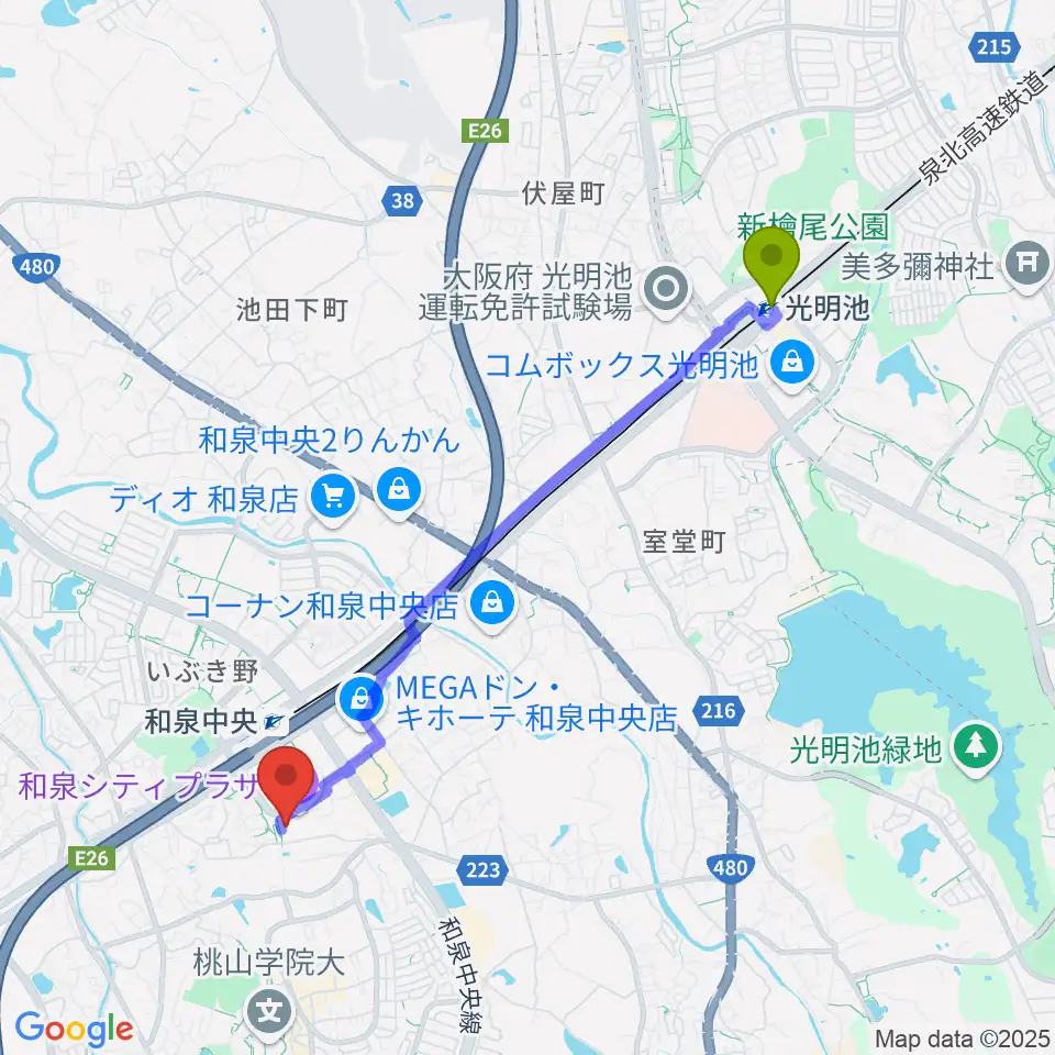 光明池駅から和泉シティプラザへのルートマップ地図